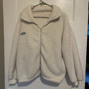 SHEIN EZwear Plus Letter Patched Zip Up Drop Shoulder Teddy Jacket